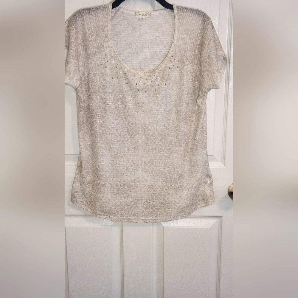 Nurture L Beige Linen Blend Rhinestones Shrtslv Women's Top Blouse